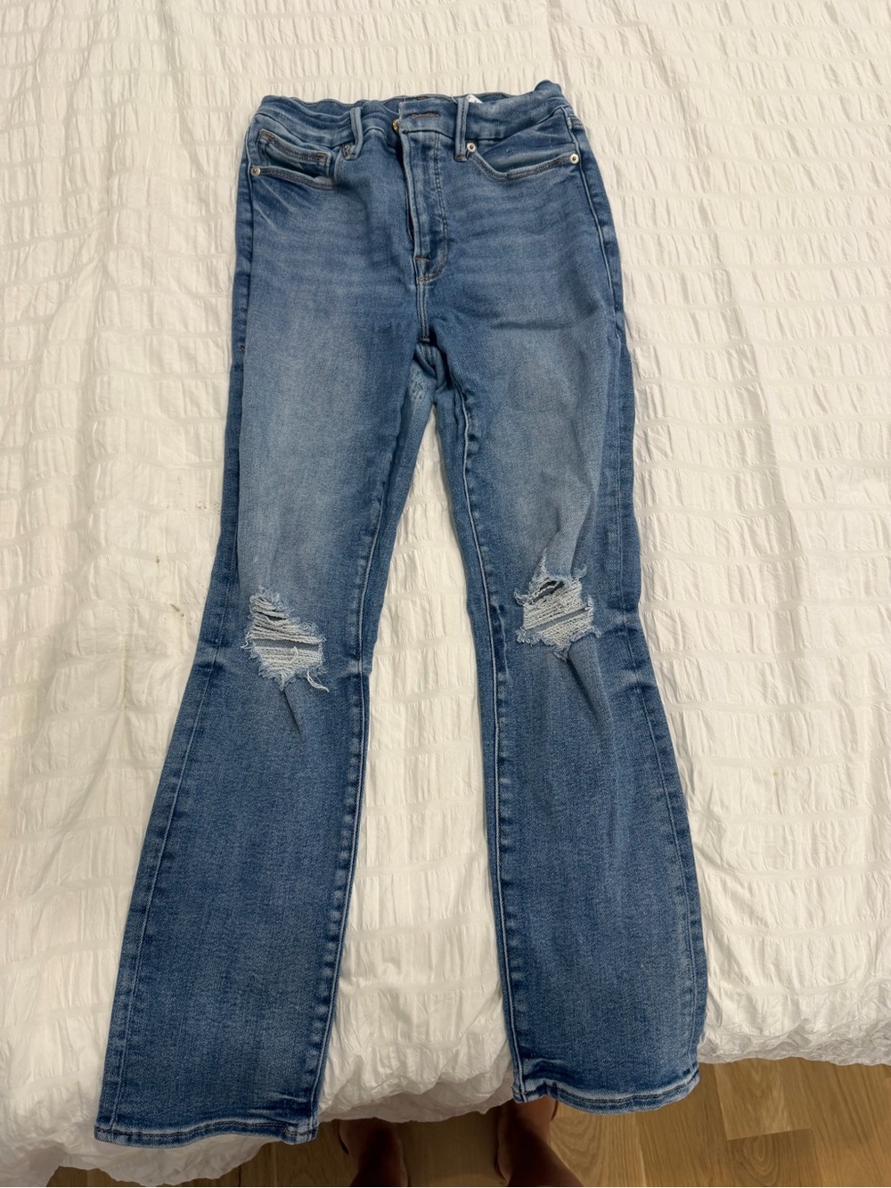 Good American Blue Distressed Flare Jeans